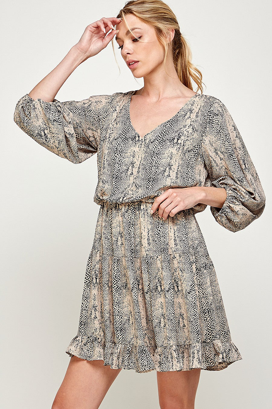 Short V Neck Printed Ruffled Dress