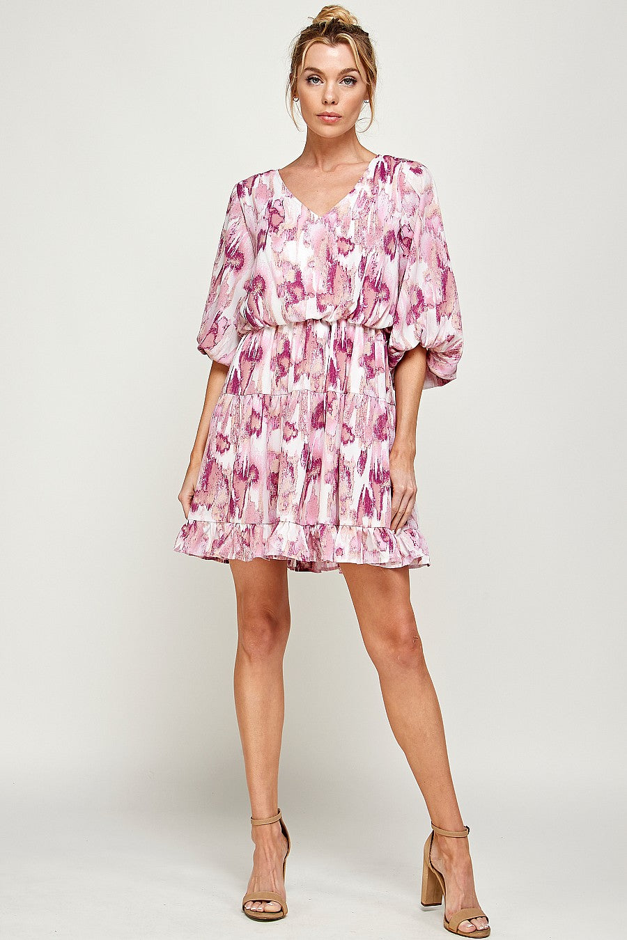 Short 3/4 Sleeve V Neck Printed Dress