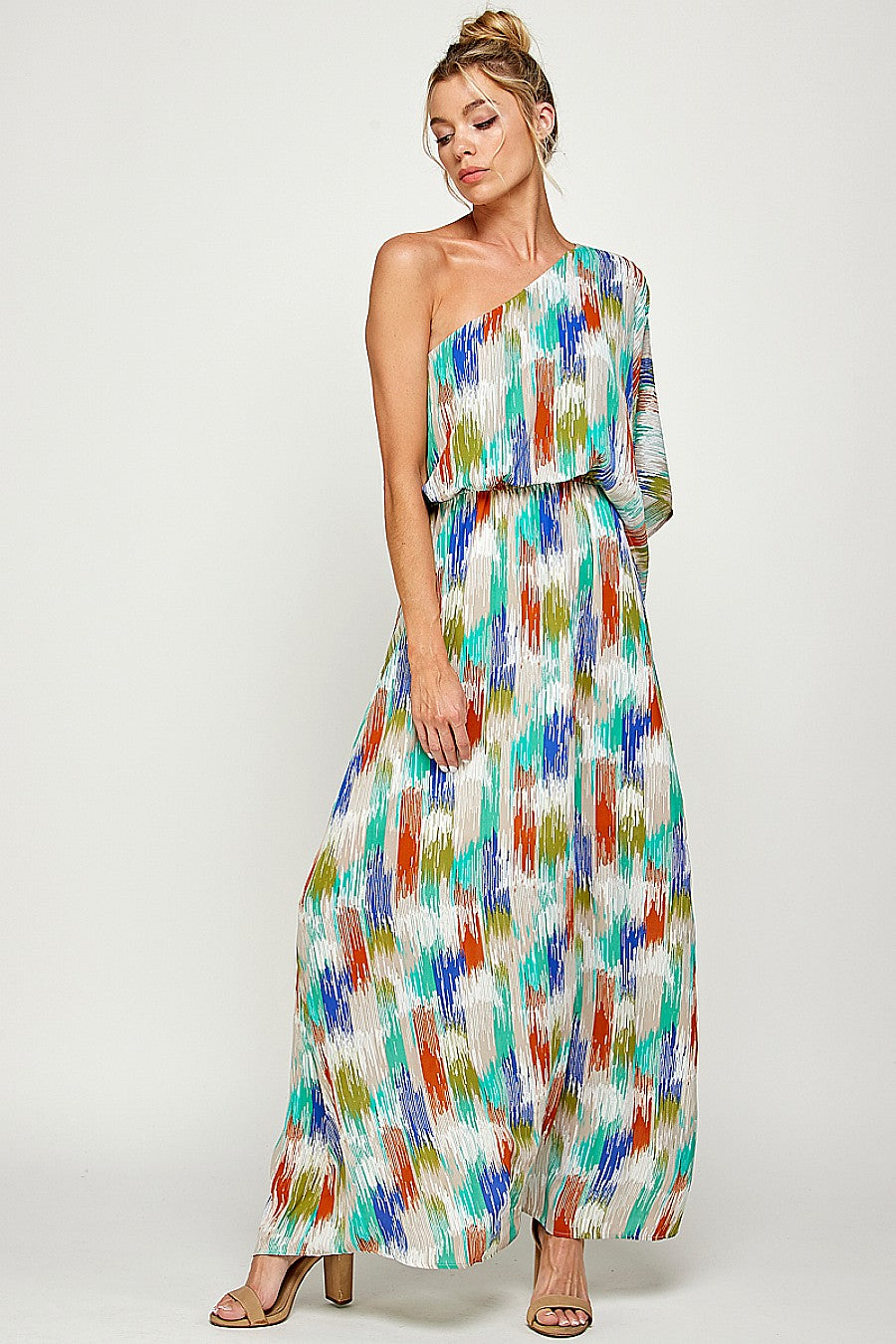 Long One Shoulder Brushed Print Maxi Dress