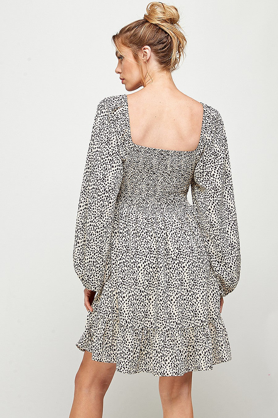 Long Sleeve Cheetah Print Smocked Short Dress